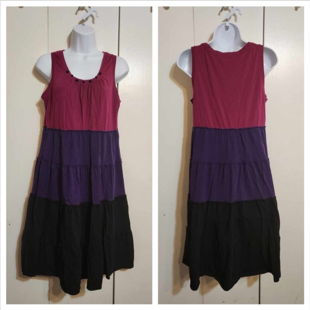 Charter Club Dress Womens M Medium Tiered Ruffle Colorblock Beaded Cotton Modal
